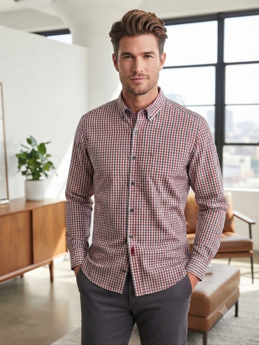 johnnie-O Red and White Gingham Button-Down Dress Shirt,  Size XL